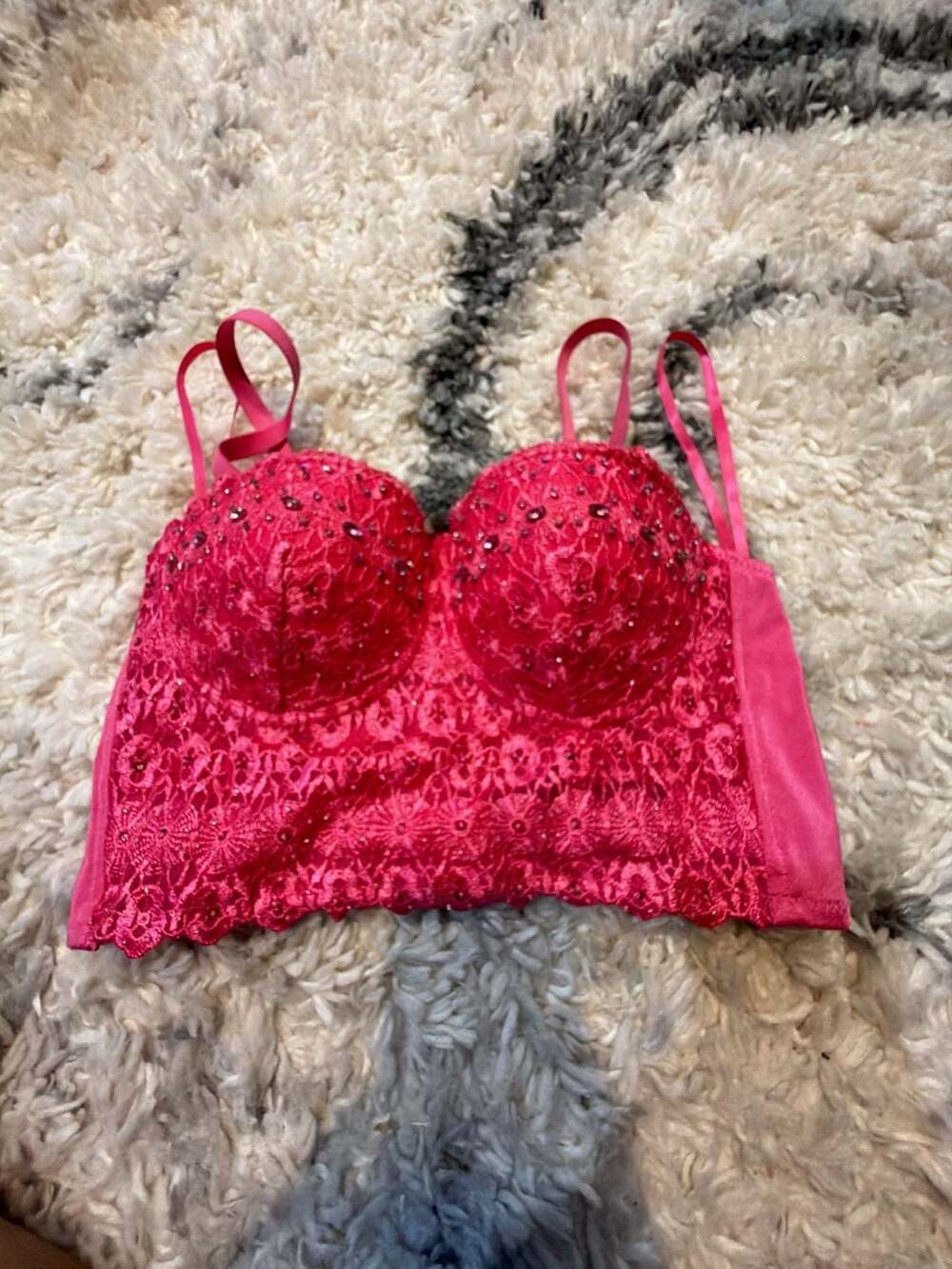 Windsor Hot Pink Rhinestone Lace Corset Bustier Crop Top - Picture 2 of 4